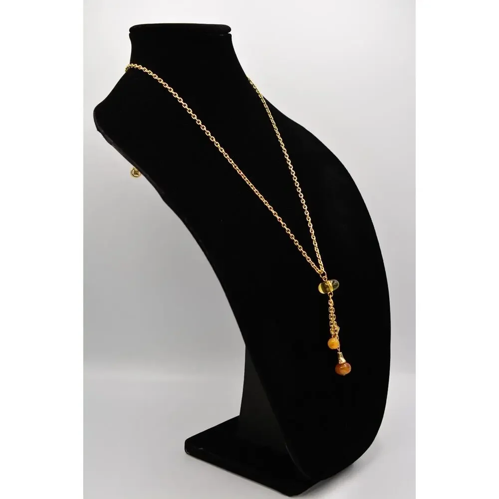Givenchy 1980s Cabochon Charm Beaded Tassel Necklace Gold Signed Vintage BinR